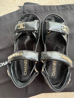 CHANEL Black Shiny Leather Platform Sandals with Gold CC Logos 21B